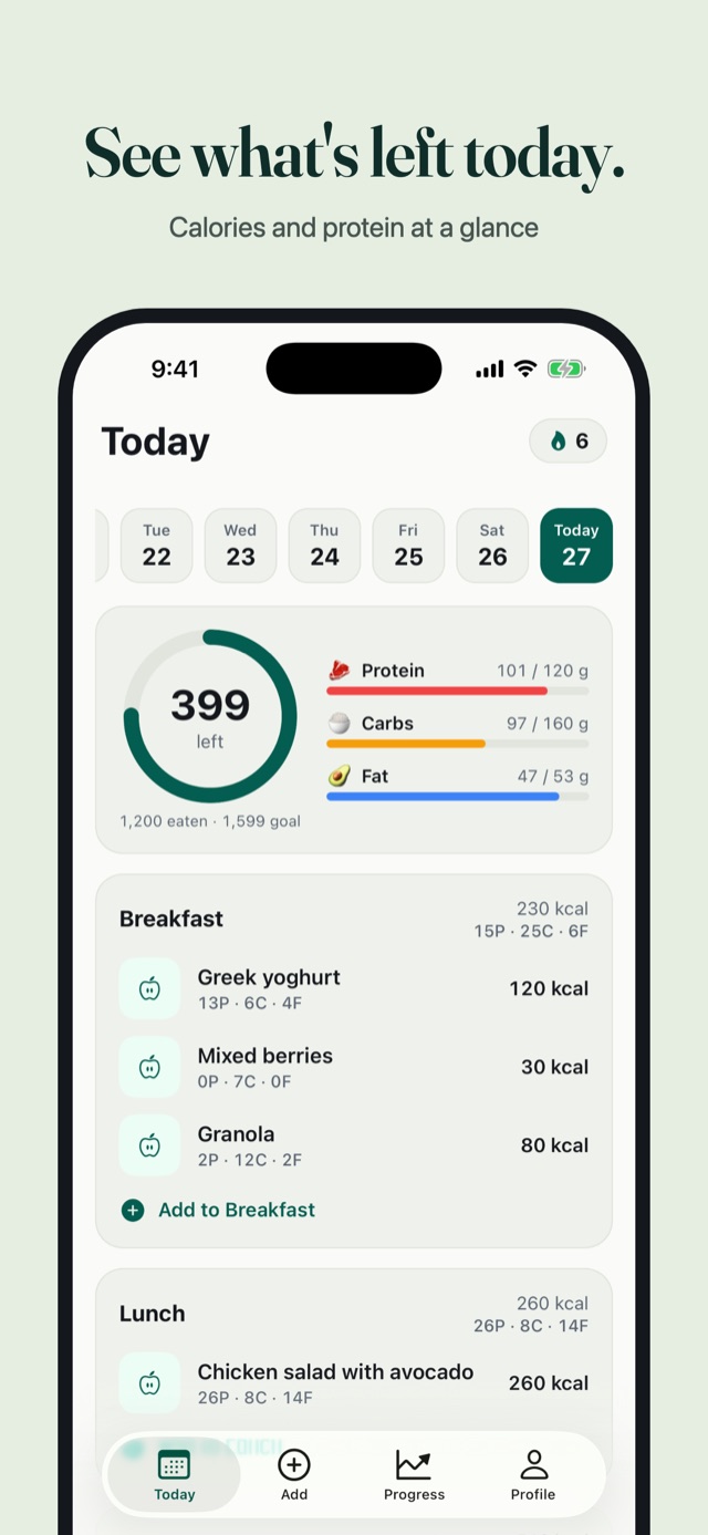 See what's left today: calories and protein at a glance